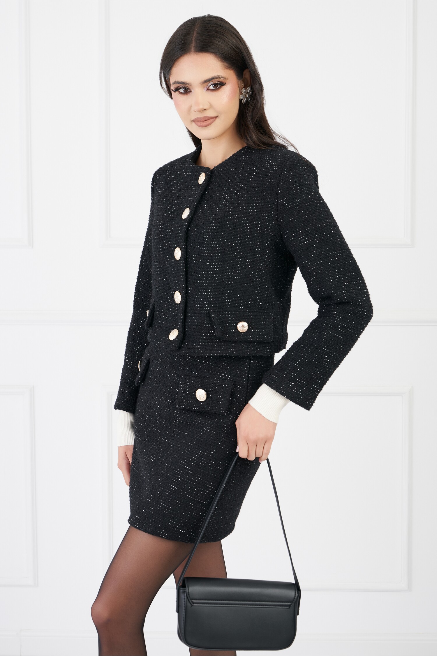 Fusta Tweed Neagra cu Lurex - Stil Elegant