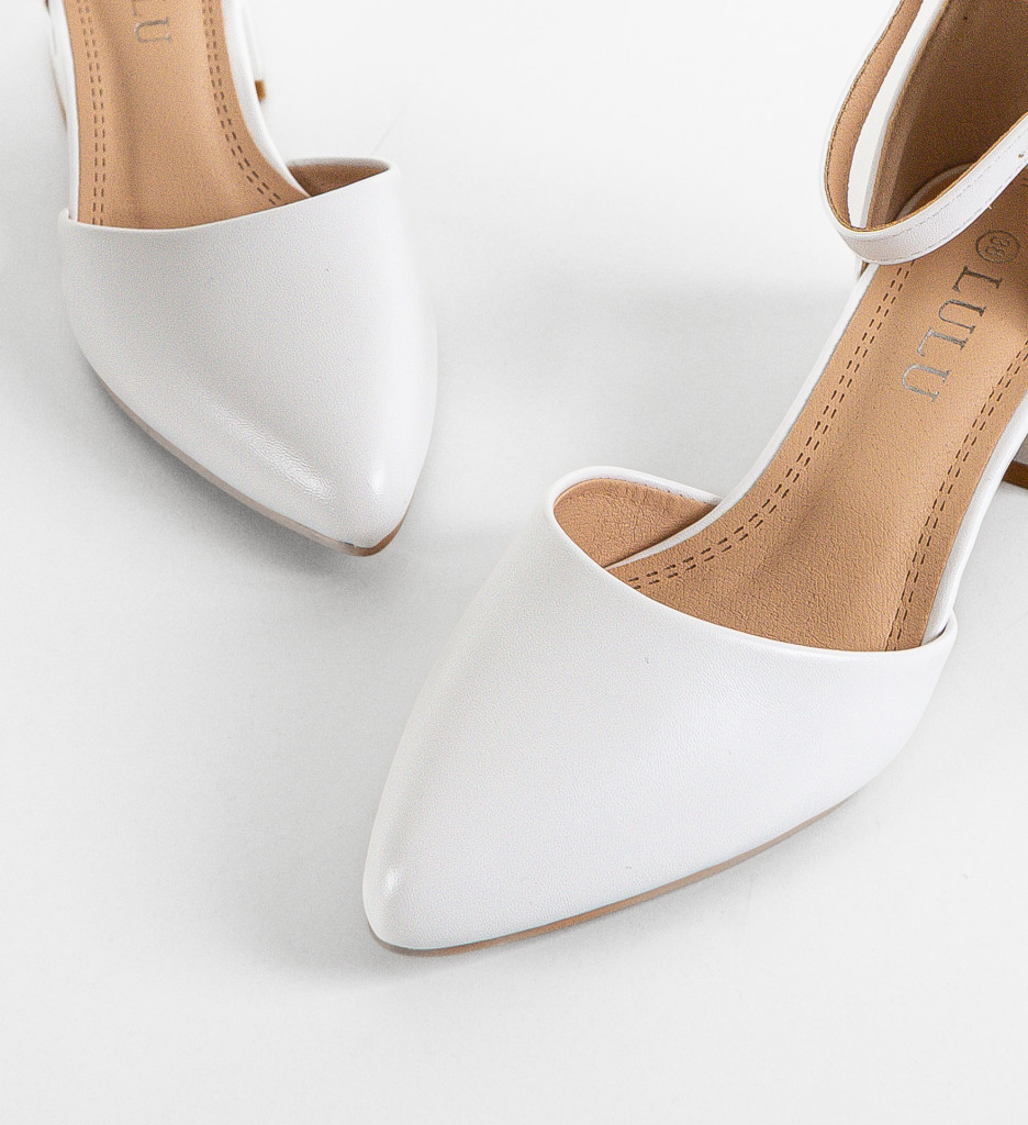 Pantofi Zahra Albi Eleganți cu Toc - imagine 5