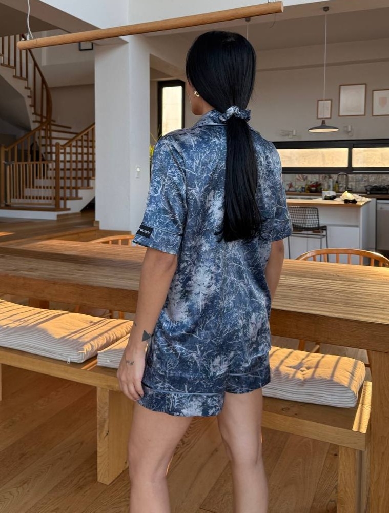 Set Pijama Delis 2 Piese Satin Sidefat Blue Marble - imagine 2