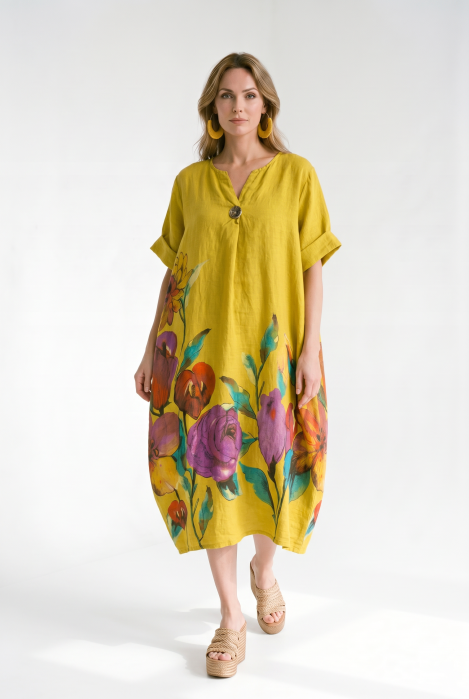 Rochie midi din in cu imprimeu floral colorat si croi balon, galbena