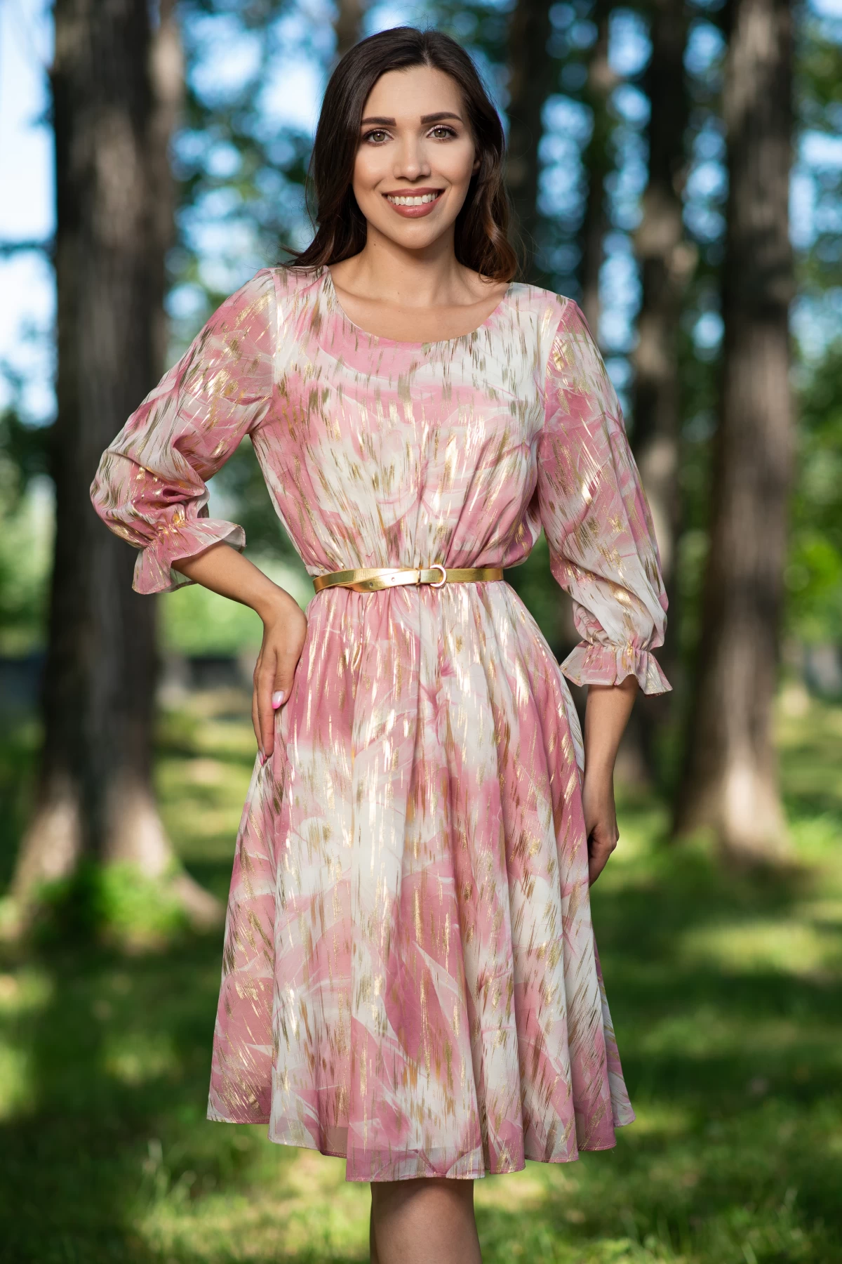 Rochie Inpuff Iraida | Roz cu Insertii Aurii Elegantă