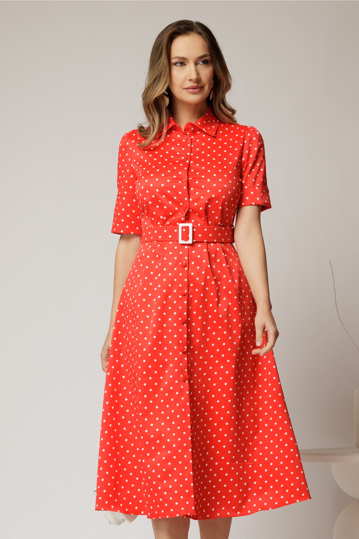 Rochie Rosie Camasa cu Buline si Curea - DY Fashion