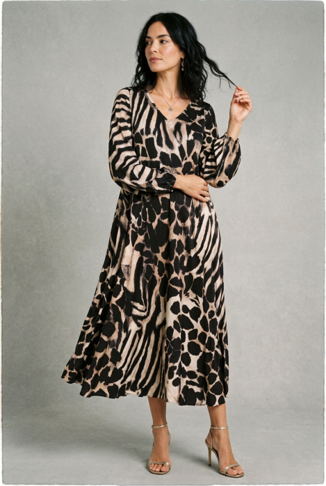 Rochie lunga din vascoza mata cu imprimeu animal print mixt, negru maro