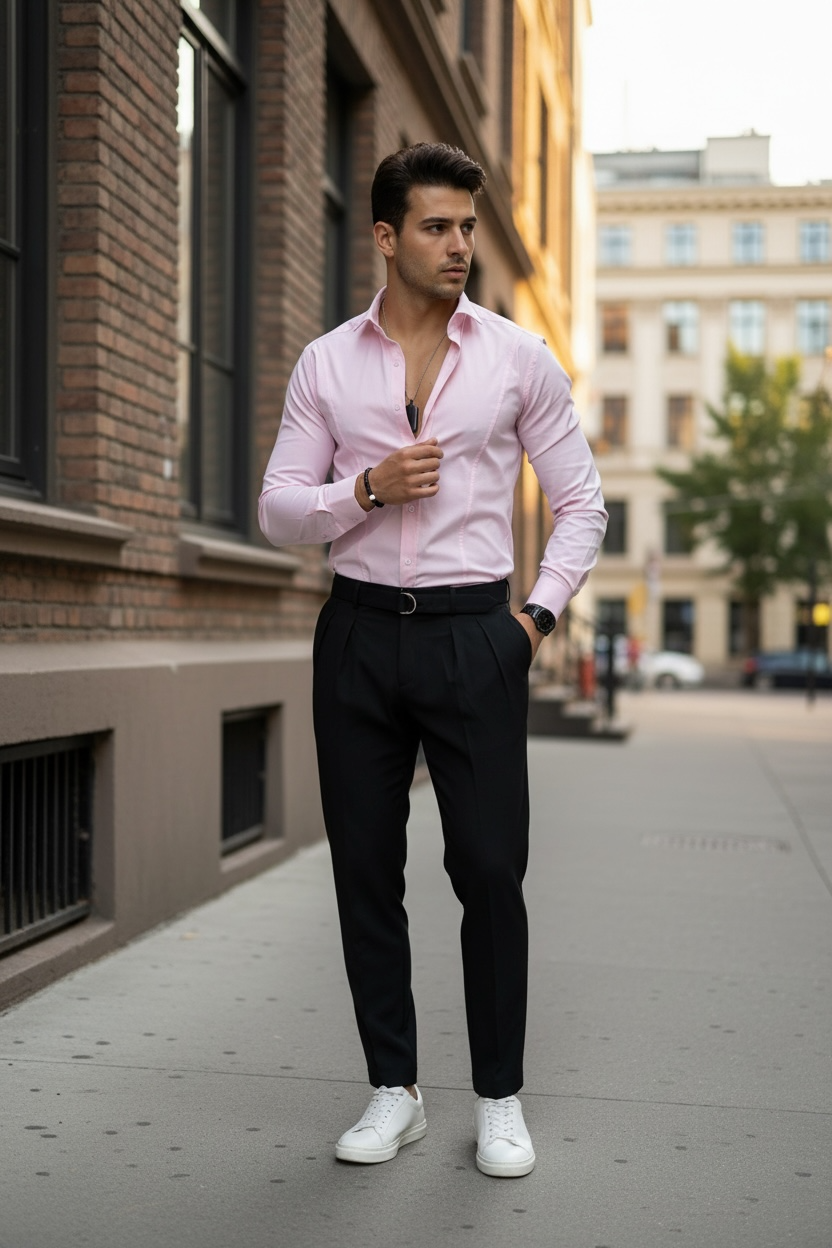 Cămașă Bărbătească Slim Fit Roz Elegantă