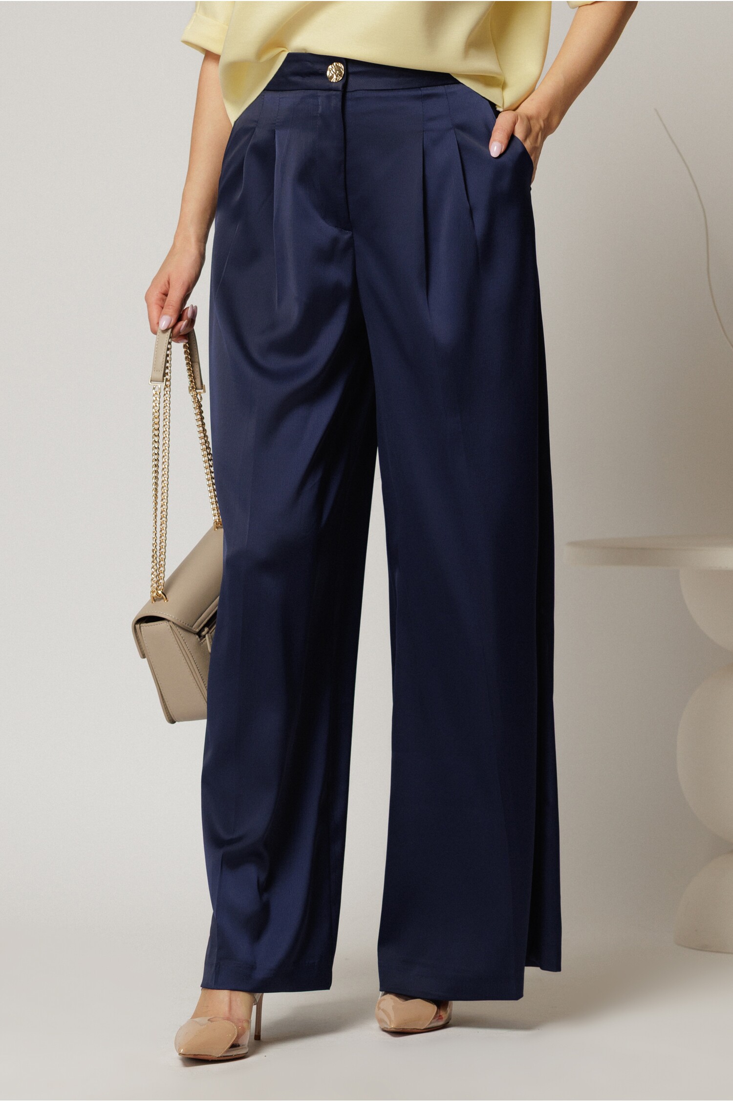 Pantaloni Dama Satin Bleumarin Croi Larg