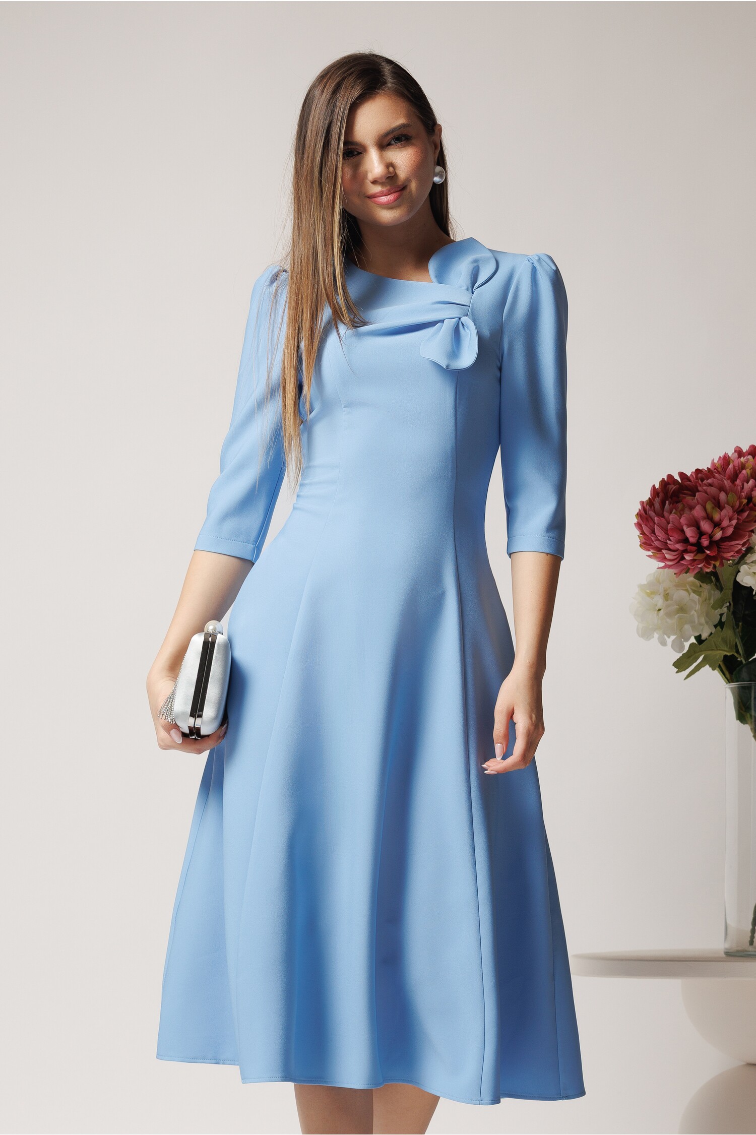 Rochie LaDonna office bleu eleganta cu funda