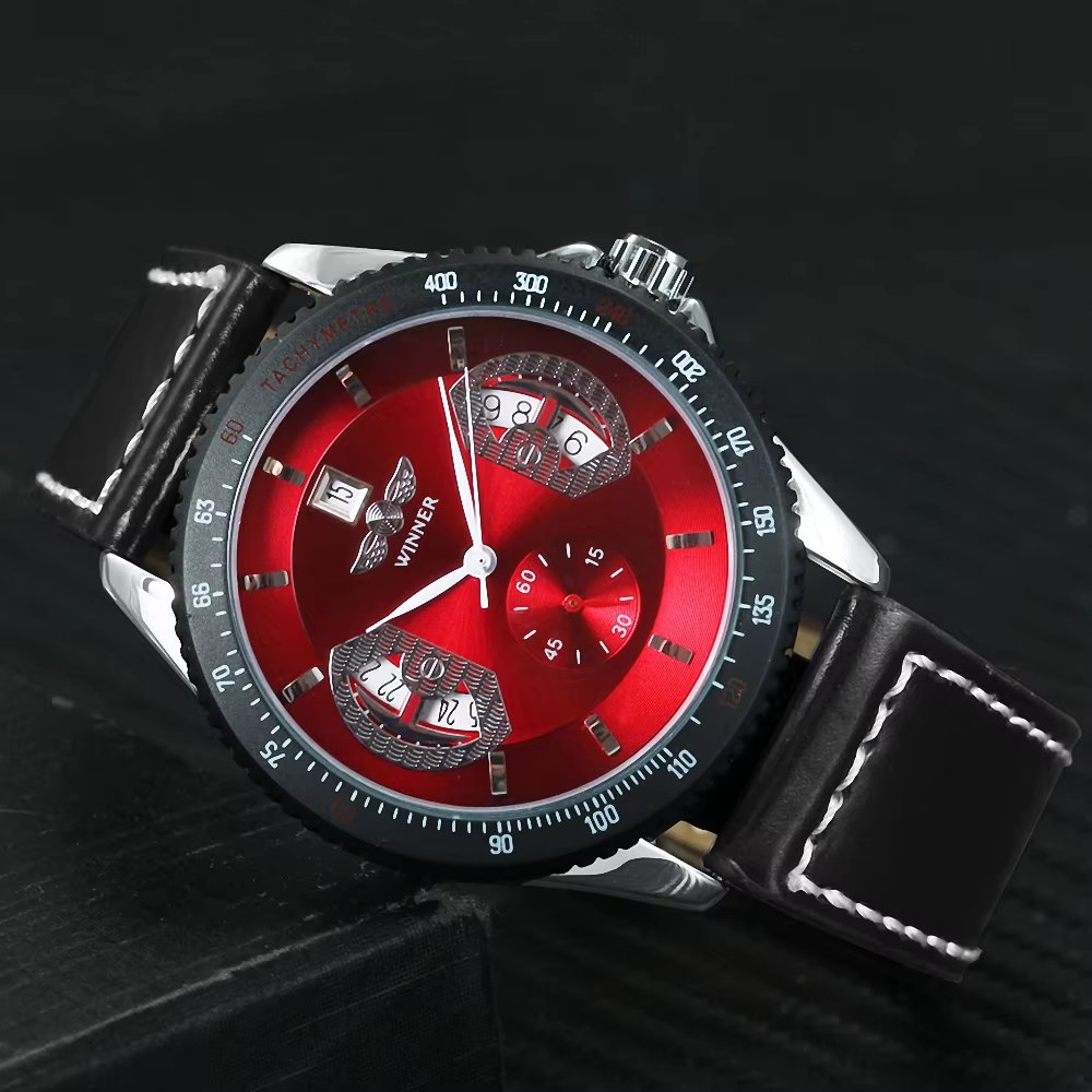 Ceas Barbatesc Winner Automatic, Cadran Rosu, Piele - imagine 5