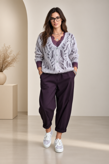 Cardigan dantelat cu mohair, cu model foarte fin  ,   pulover casual chic bej