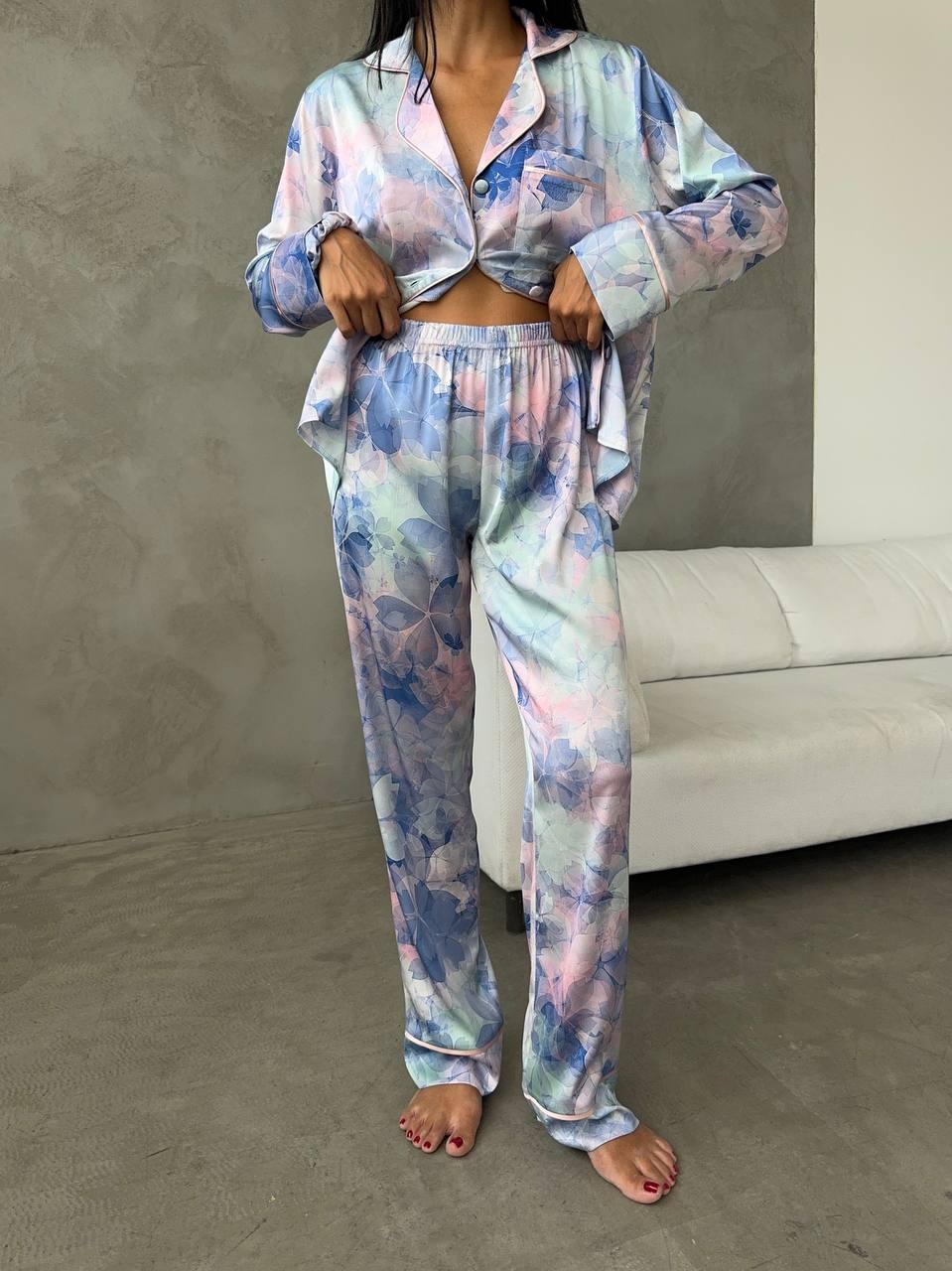 Set Pijama Dama Delis 2 Piese Albastru Floral - imagine 6