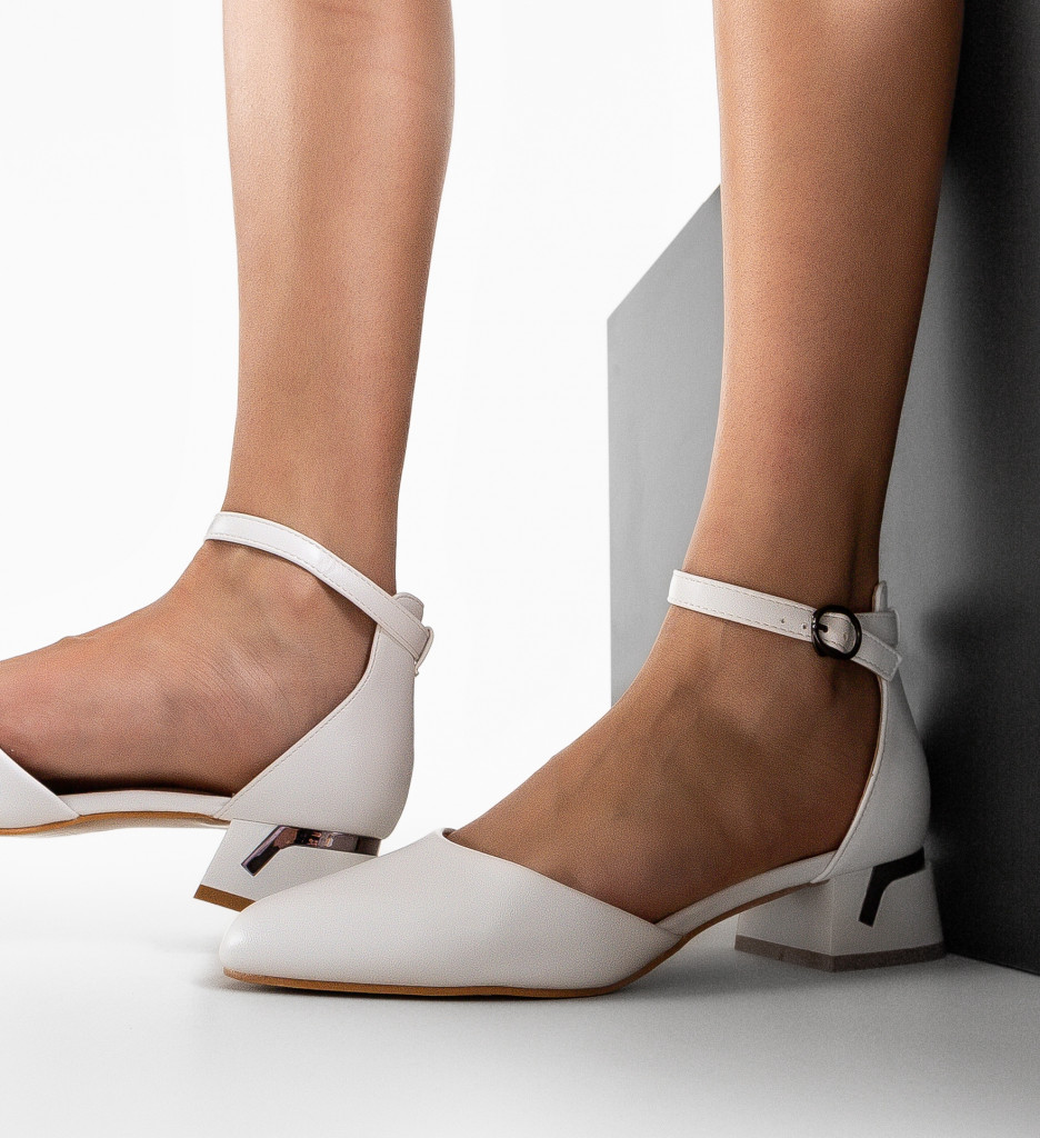 Pantofi Zahra Albi Eleganți cu Toc - imagine 3