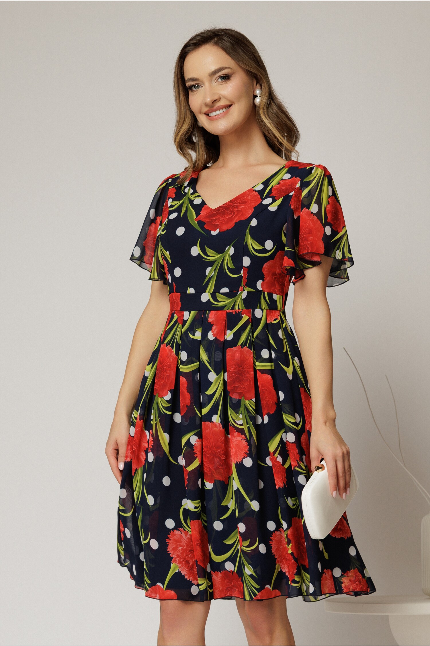 Rochie Midi Bleumarin Imprimeu Voal | Eleganță și Stil