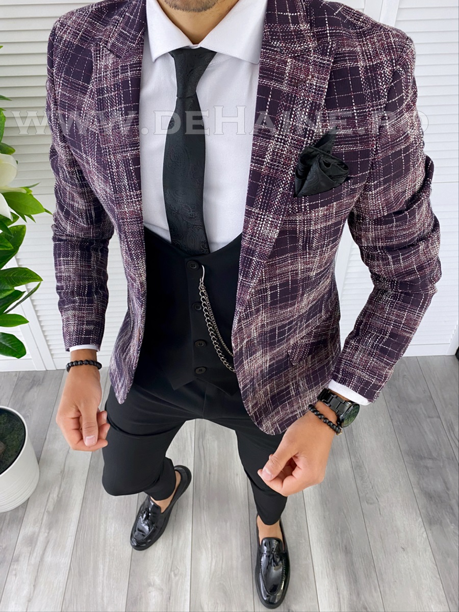 Sacou Barbati Slim Fit în Carouri Grena