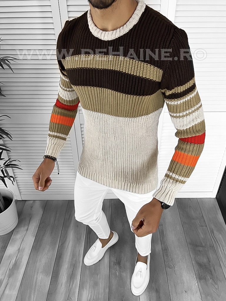Pulover Barbati Bej Slim Fit | Bumbac + Poliester