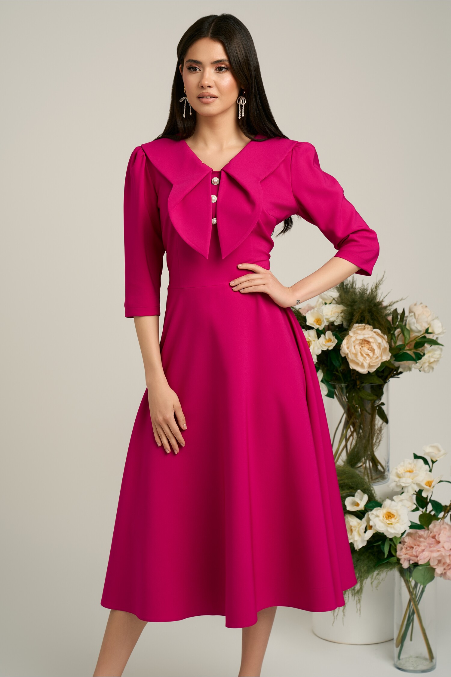 Rochie Fucsia Clos Ocazie cu Guler Elegant