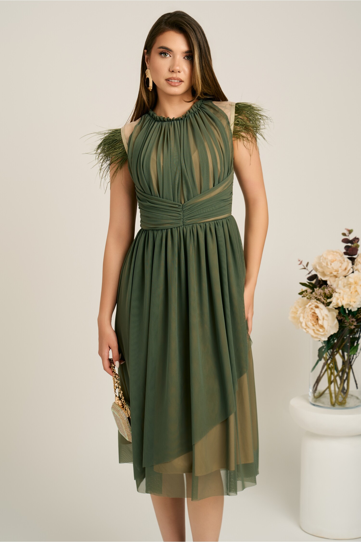 Rochie DY Fashion Verde Olive cu Pene - Eleganță