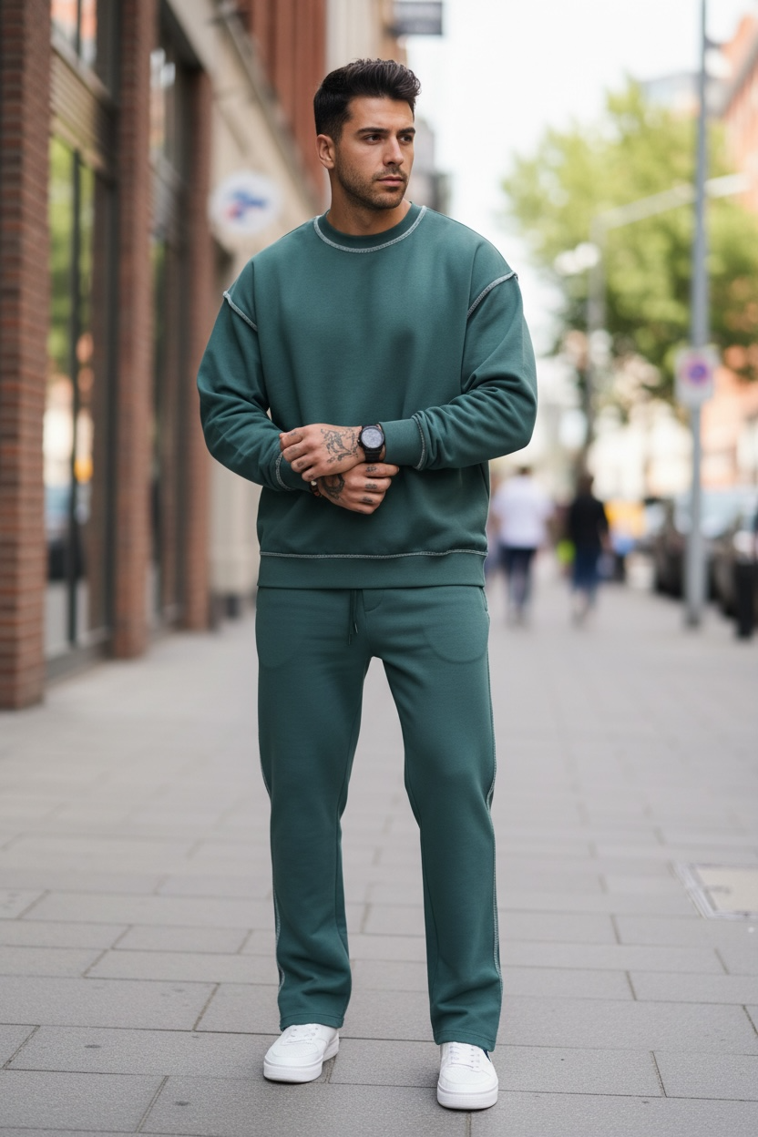 Trening Barbati Slim Fit Verde, Bumbac Premium