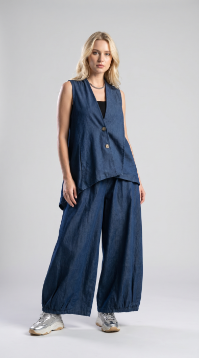 Vesta arhitecturala cu design asimetric, din denim subtire inchis