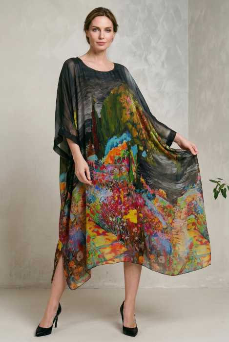 Rochie lunga dama din matase vaporoasa, croi lejer oversize tip kaftan, imprimeu pictural pe fond negru