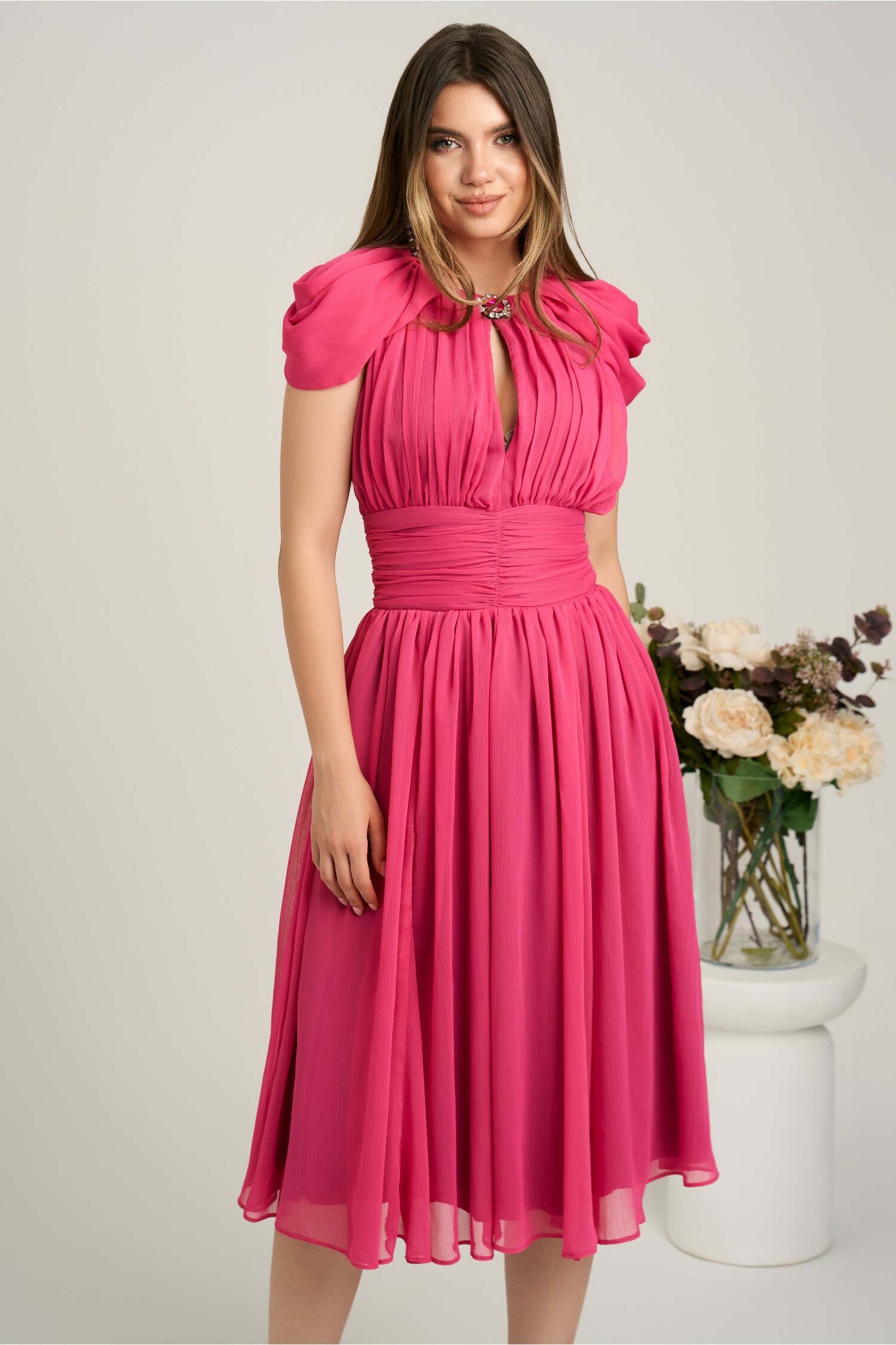 Rochie DY Fashion Fucsia Voal Clos Elegantă