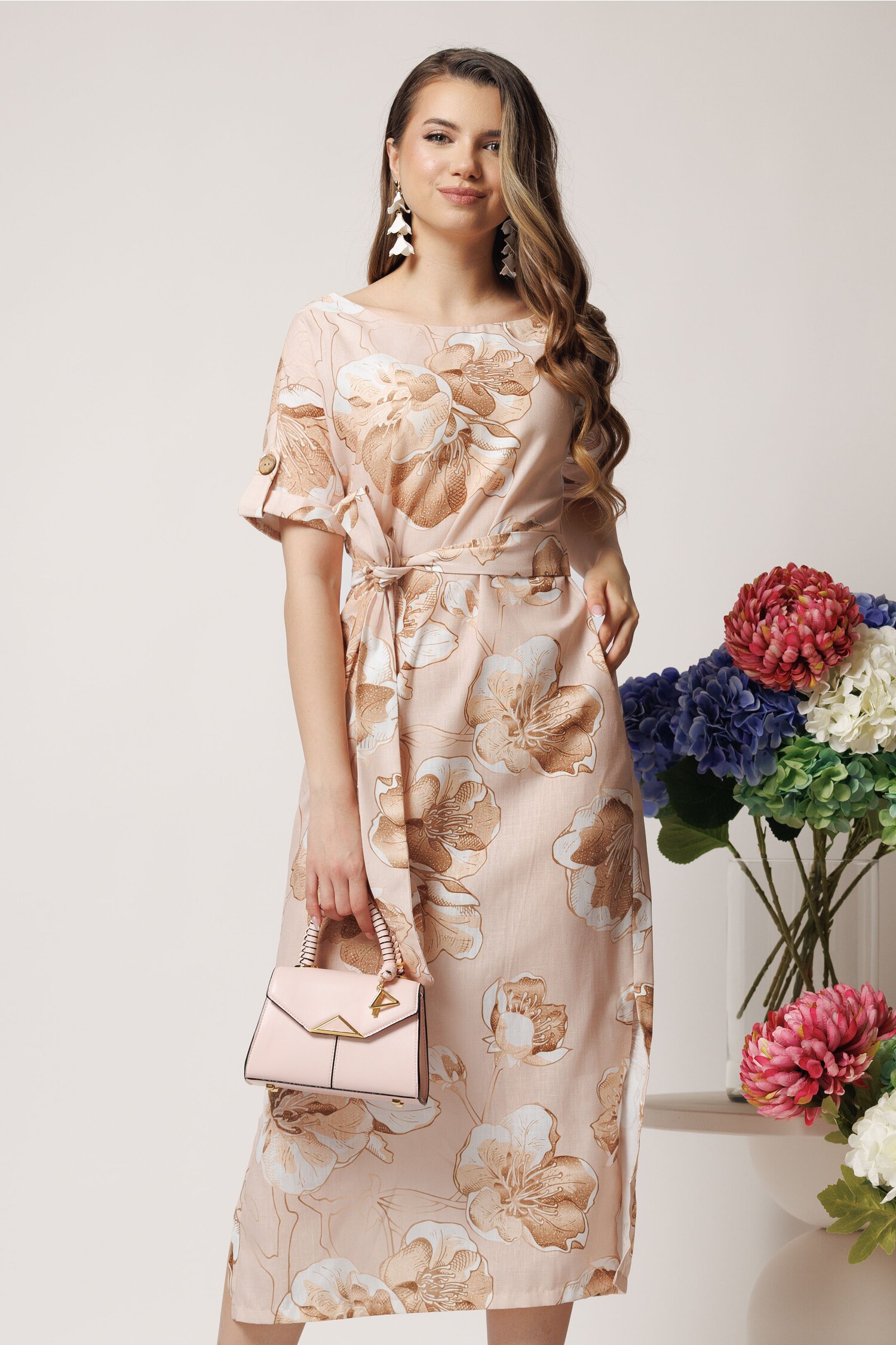 Rochie Midi Florală Bej | Eleganță și Confort