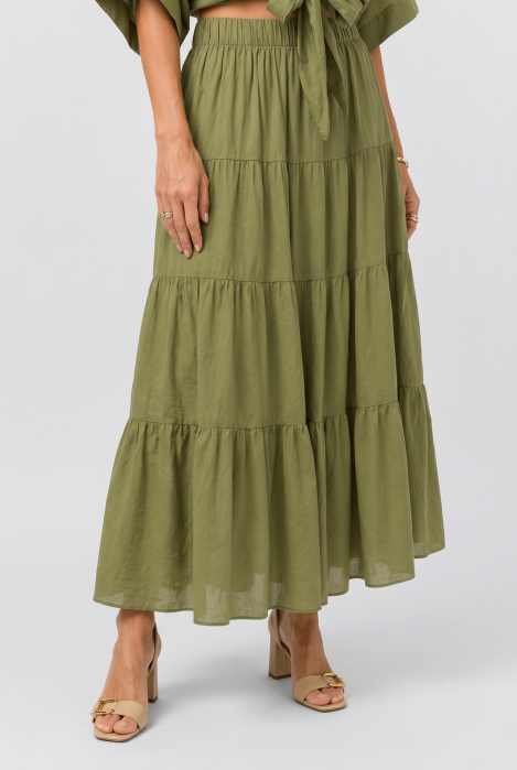 Fusta lunga din bumbac cu volane si talie elastica, verde olive