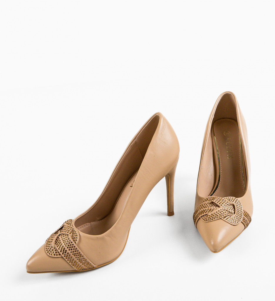 Pantofi Dama Brown Bej Eleganți cu Toc - imagine 2