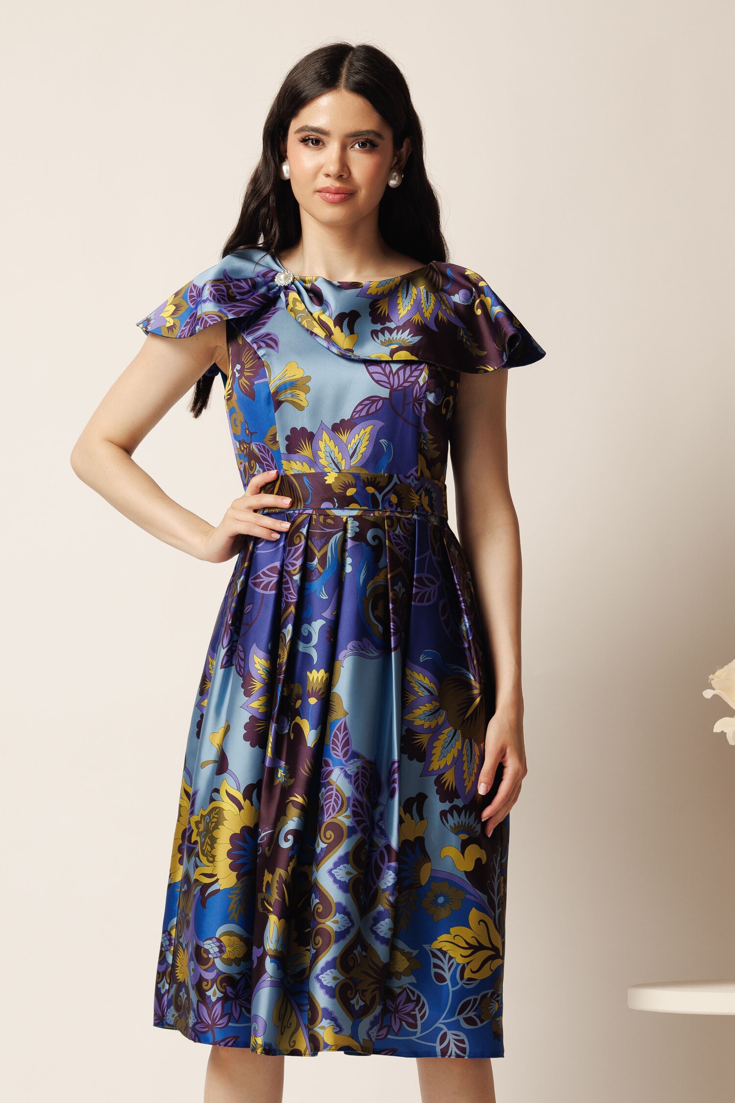 Rochie Midi Tafta Albastra cu Imprimeuri Galbene