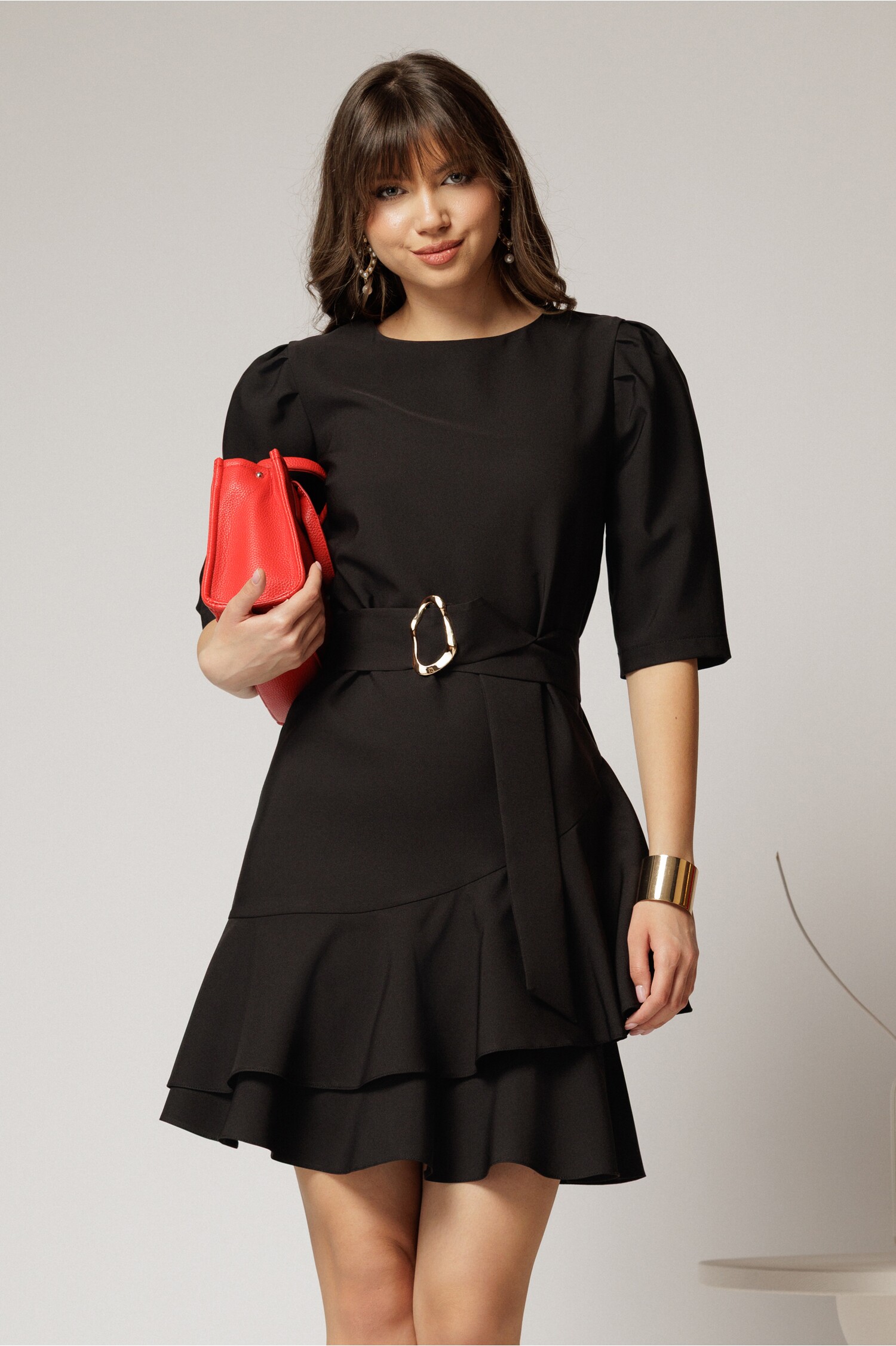 Rochie Neagra Eleganta cu Volanase si Cordon