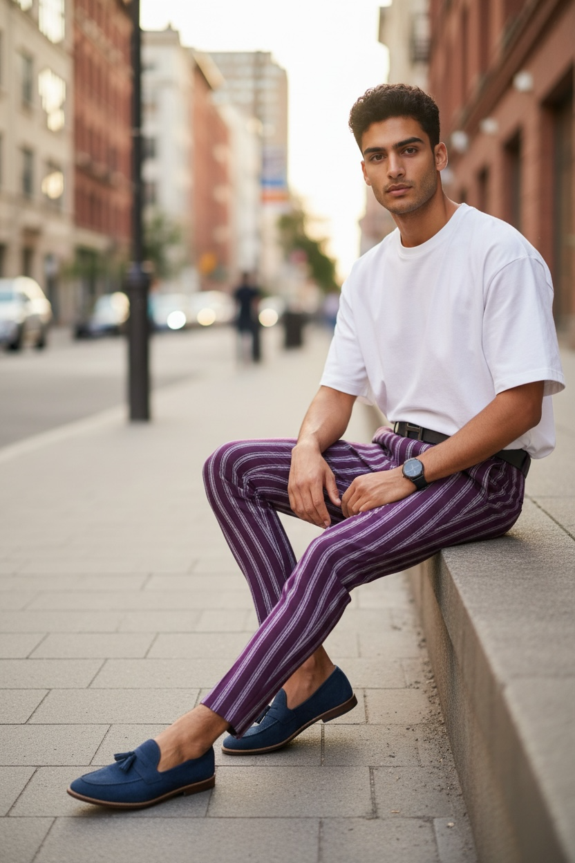 Pantaloni Casual Bumbac 100% Violet Regular Fit - imagine 2