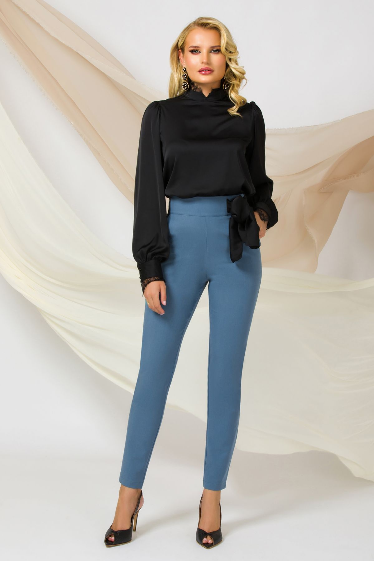 Pantaloni Pretty Girl Bleu Talie Înaltă cu Fundă