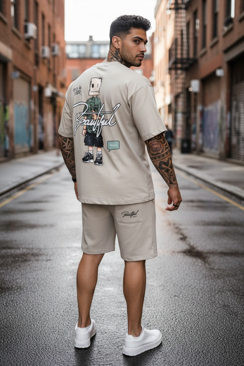 Compleu de vara tricou oversize + pantaloni bej 036 38-1.1