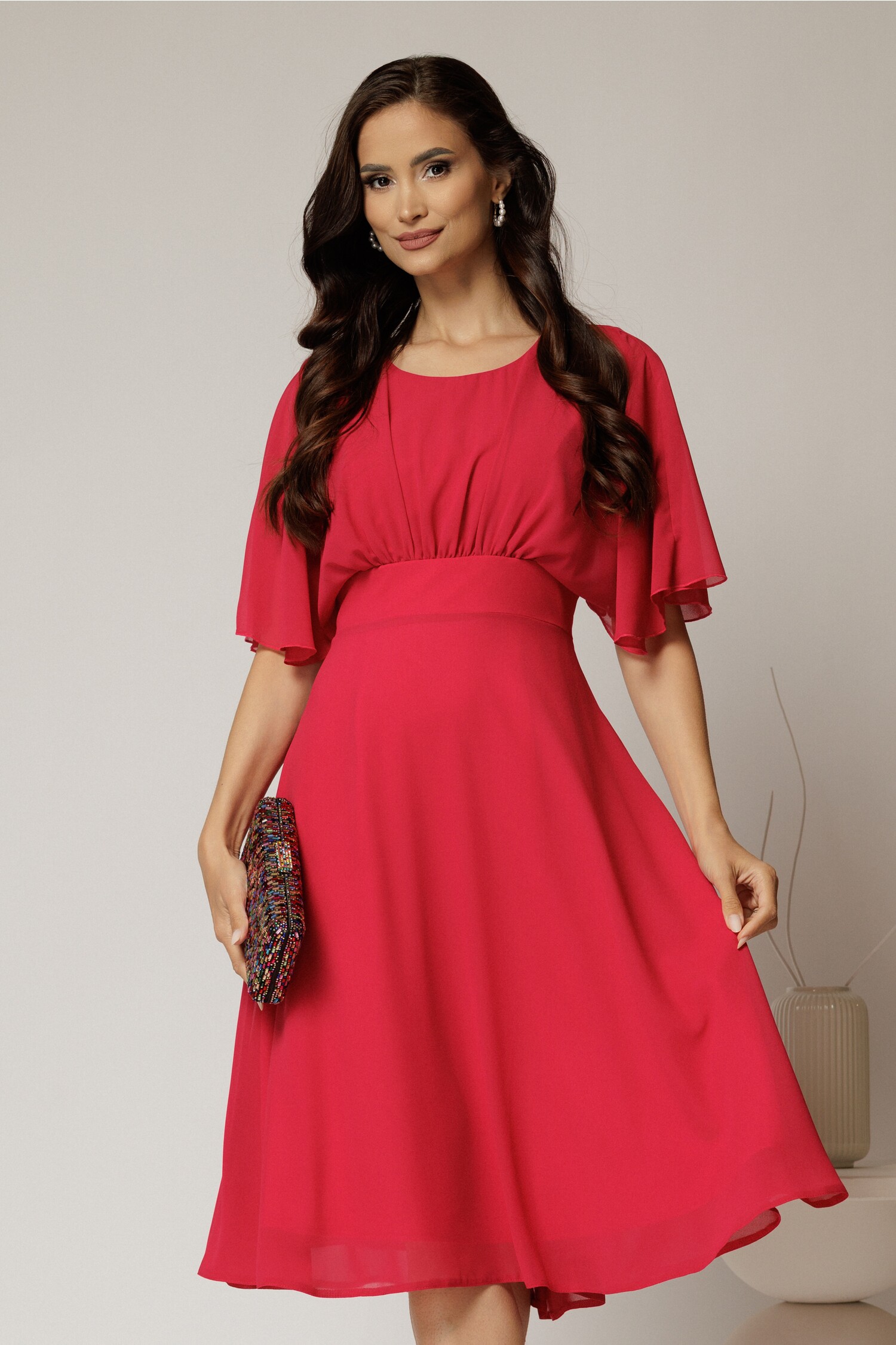 Rochie Midi Voal Fucsia cu Maneci Lejere