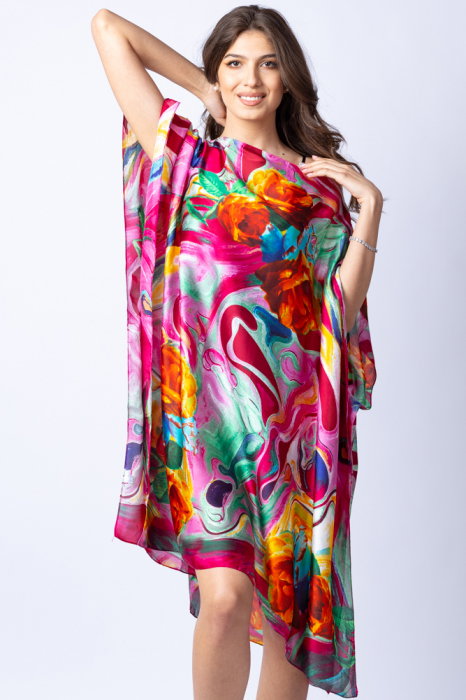 Poncho mătase Shopika, model trandafiri orange
