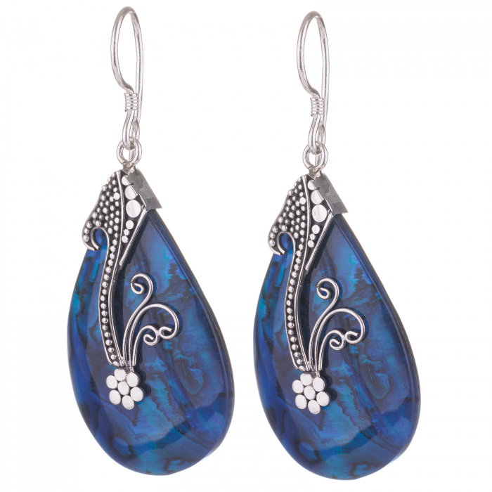 Cercei din argint 925 cu scoica naturala paua shell albastra si decoratiune florala de argint