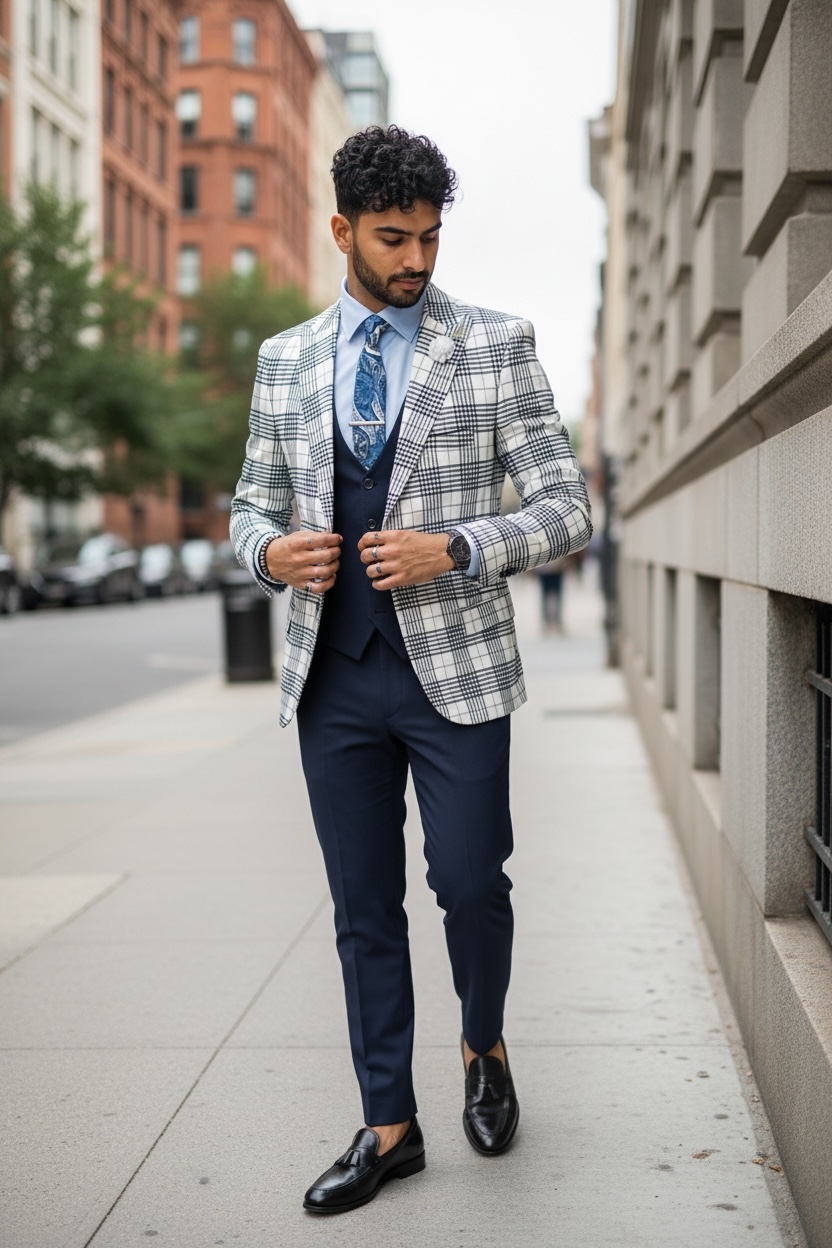 Sacou Barbati Slim Fit Alb Carouri - Elegant - imagine 2