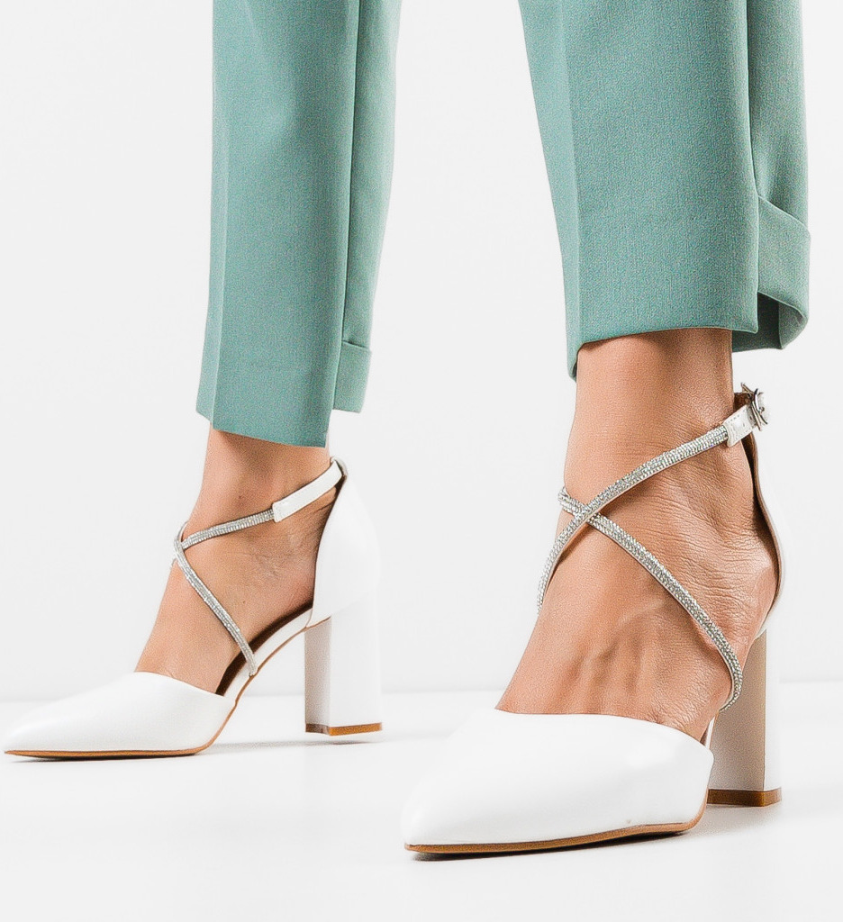 Pantofi Dama Doitei Albi Eleganți cu Toc - imagine 3