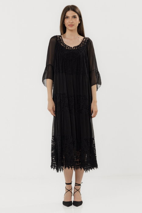 Rochie neagră Shopika cu mătase și dantelă