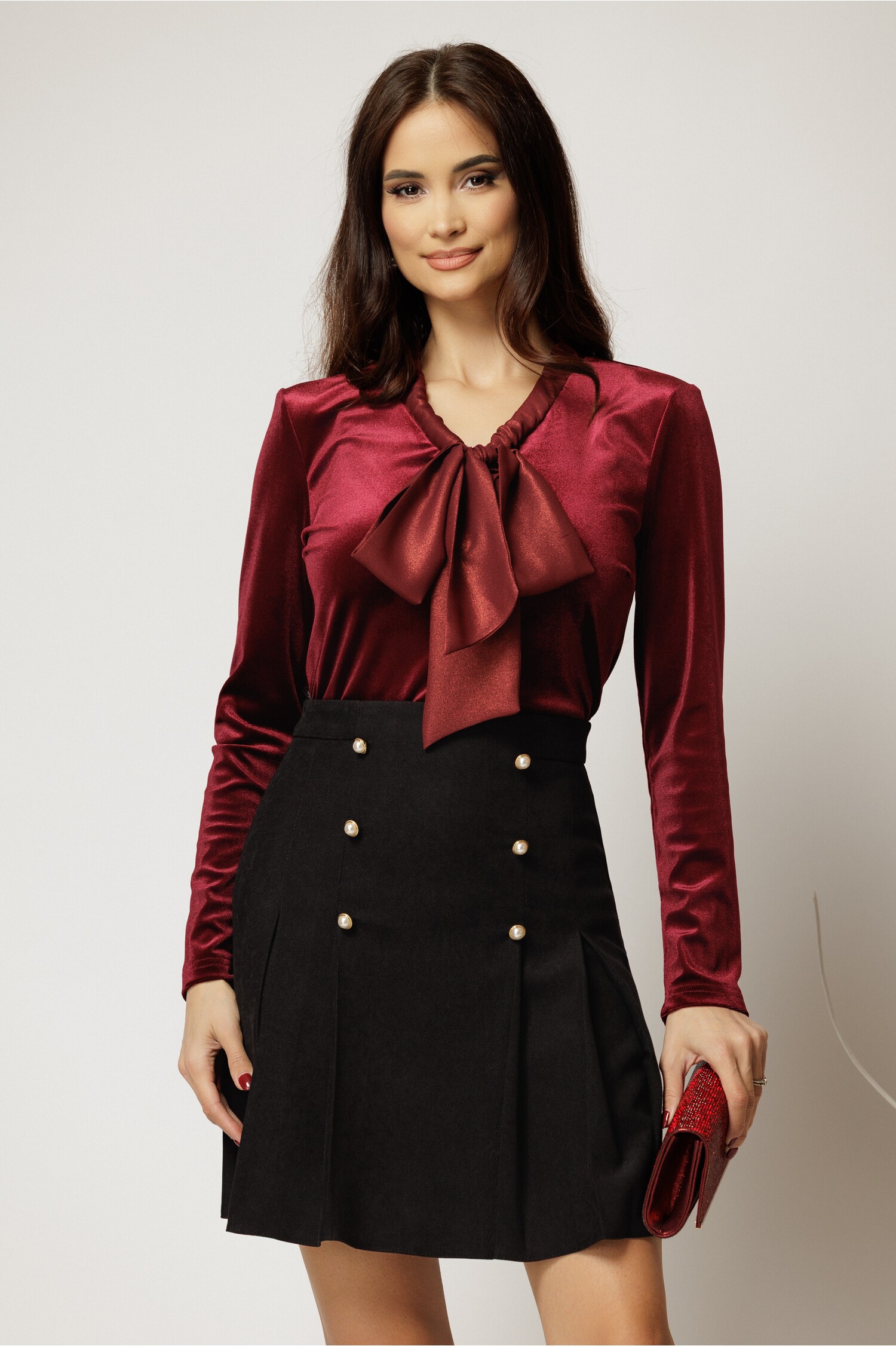Bluza Catifea Bordo cu Guler Esarfa