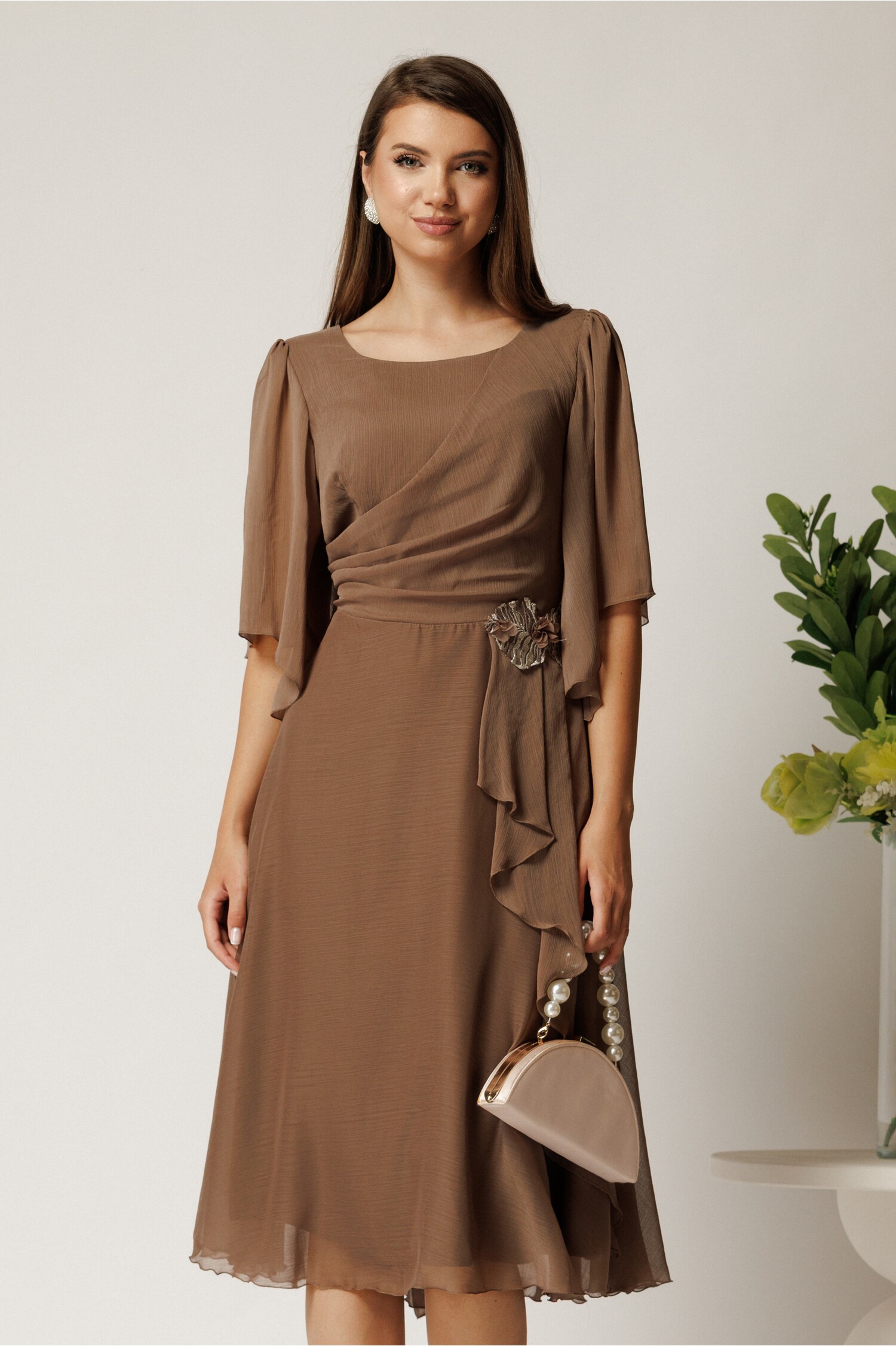 Rochie Cununie Civilă Bej cu Broderie Florală