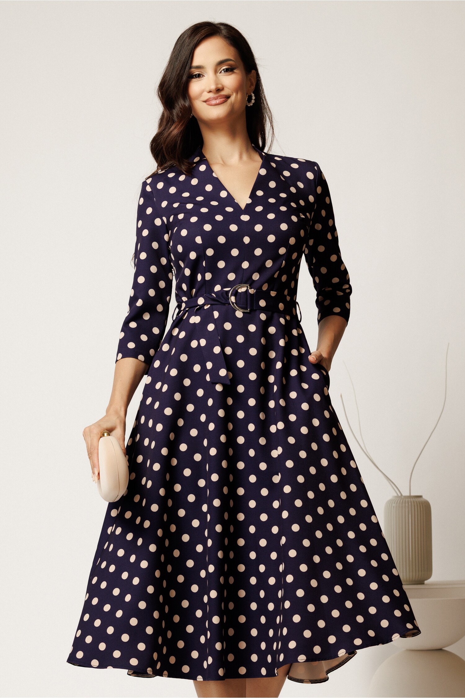 Rochie Midi Bleumarin cu Buline și Cordon