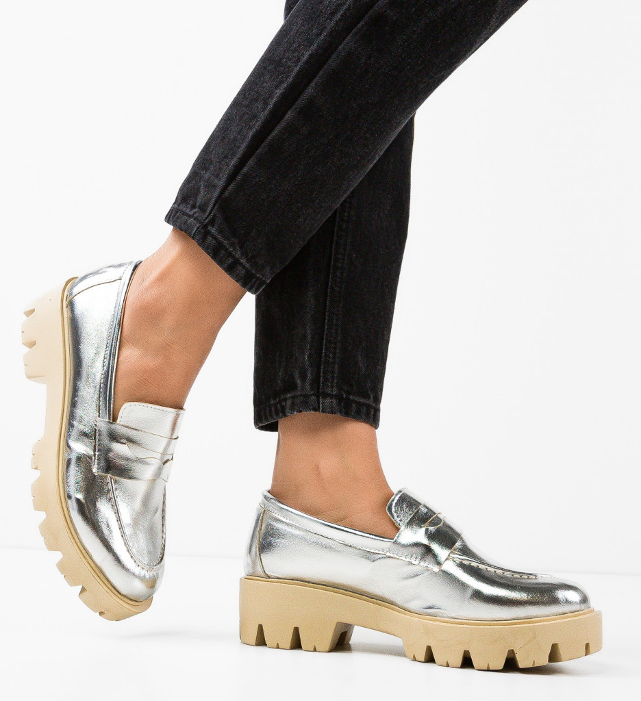 Pantofi Casual Dama Argintii Stil Modern - imagine 2