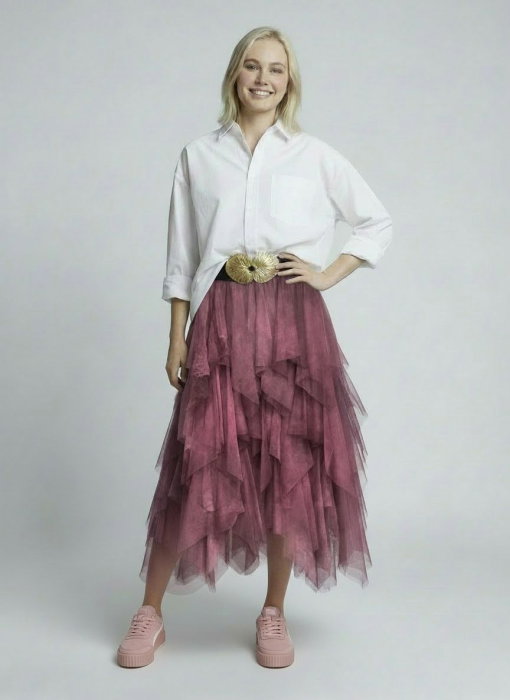 Fusta din tulle, in straturi inegale, lunga, bordo