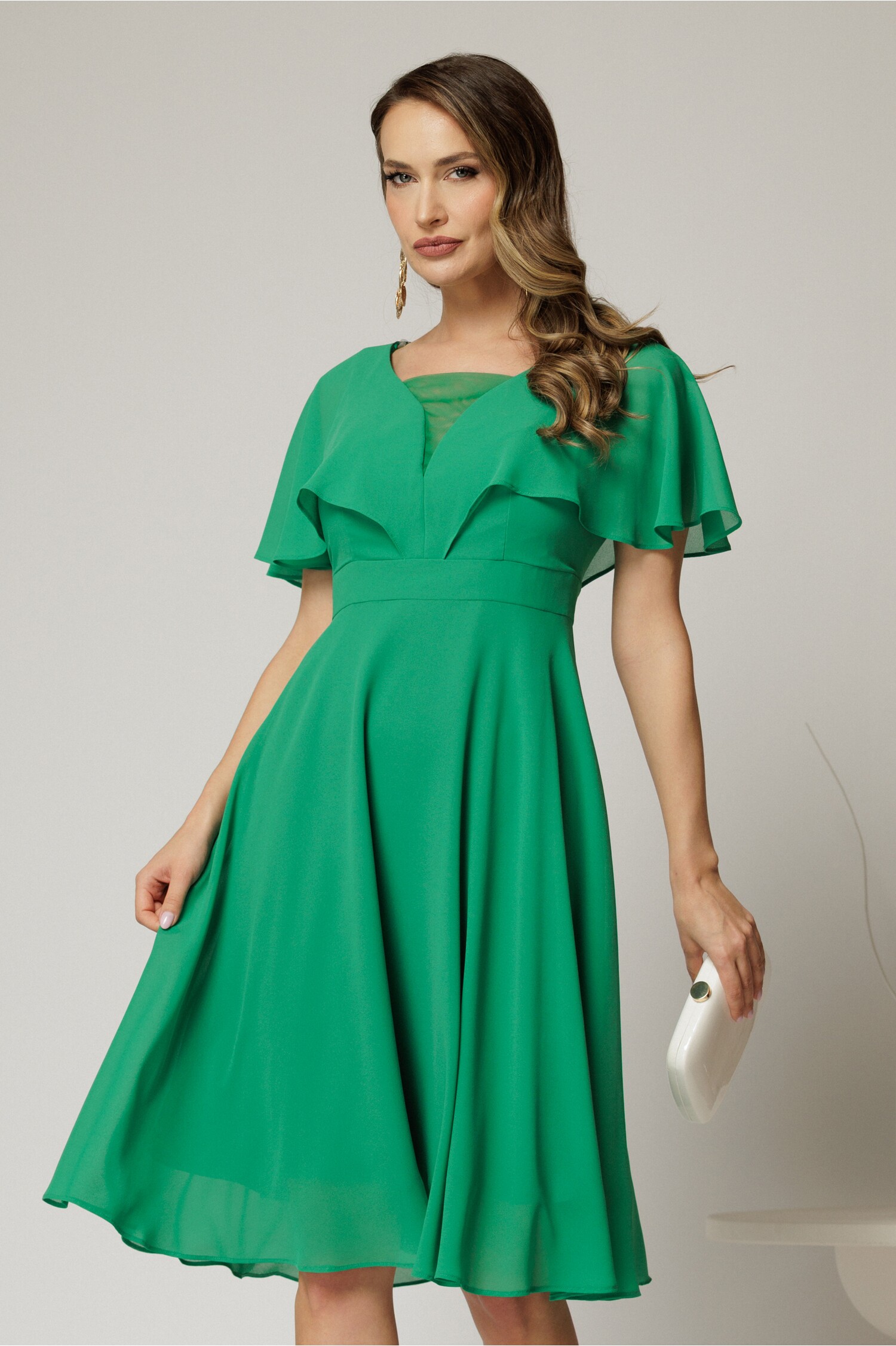Rochie Midi Verde Voal cu Maneci Evazate și Decolteu V
