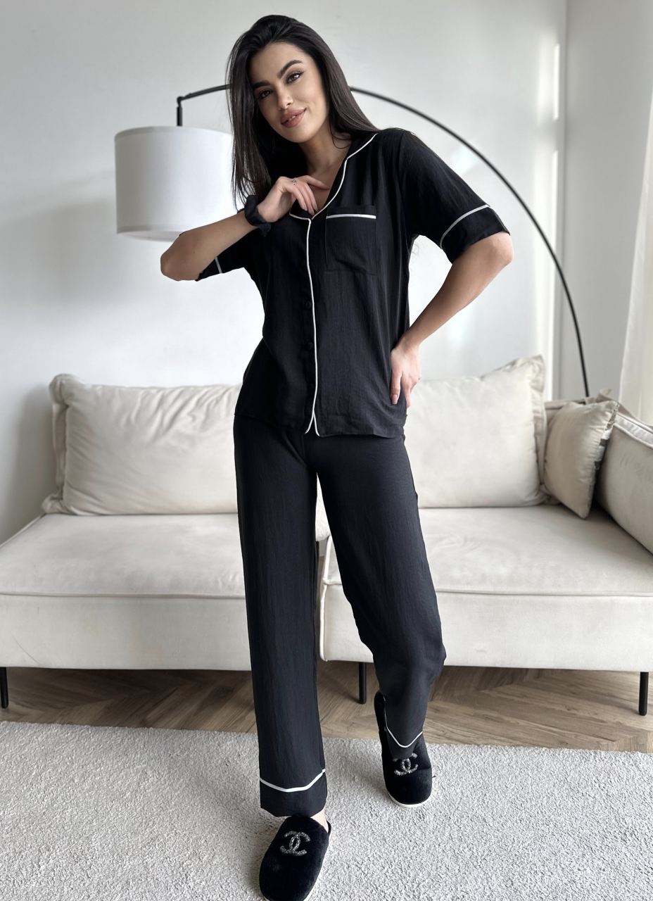 Set Pijama Dama 2 Piese Delis cu Nasturi - Negru - imagine 2