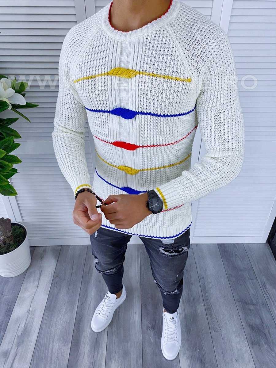 Pulover Barbati Slim Fit Alb | Bumbac Premium