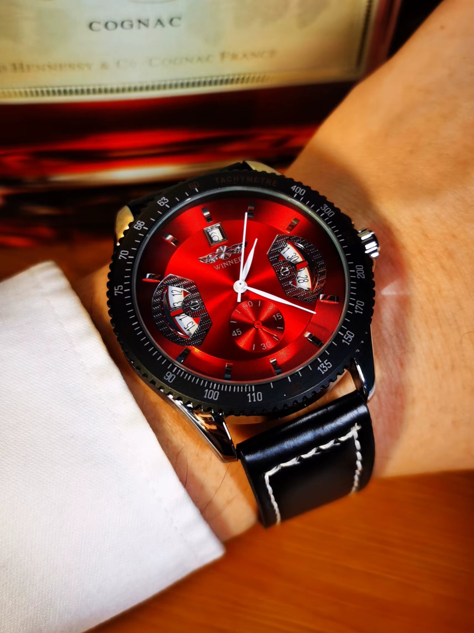 Ceas Barbatesc Winner Automatic, Cadran Rosu, Piele - imagine 3