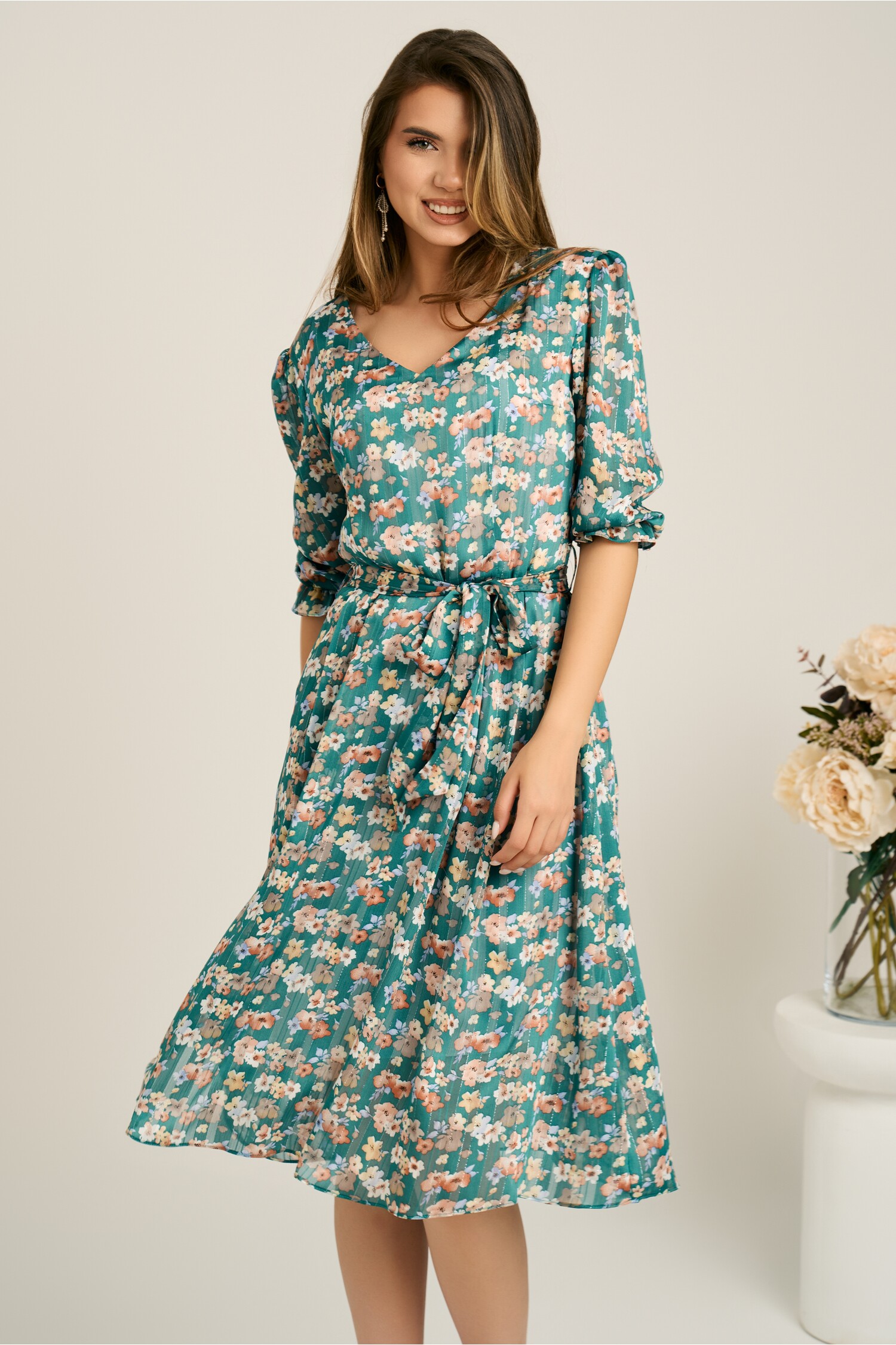 Rochie Cununie Civilă Verde Floral Midi
