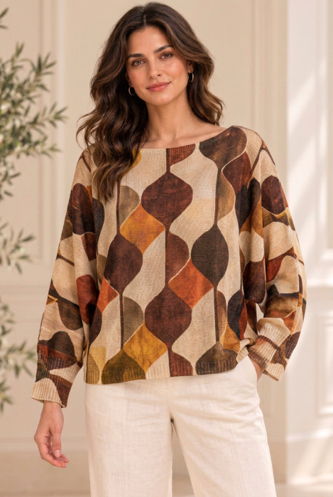 Bluza cu maneca fluture si imprimeu geometric abstract, maro