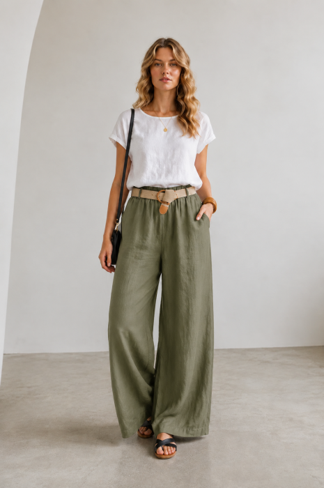 Pantaloni dama lejeri din in, cu talie elastica si curea, kaki