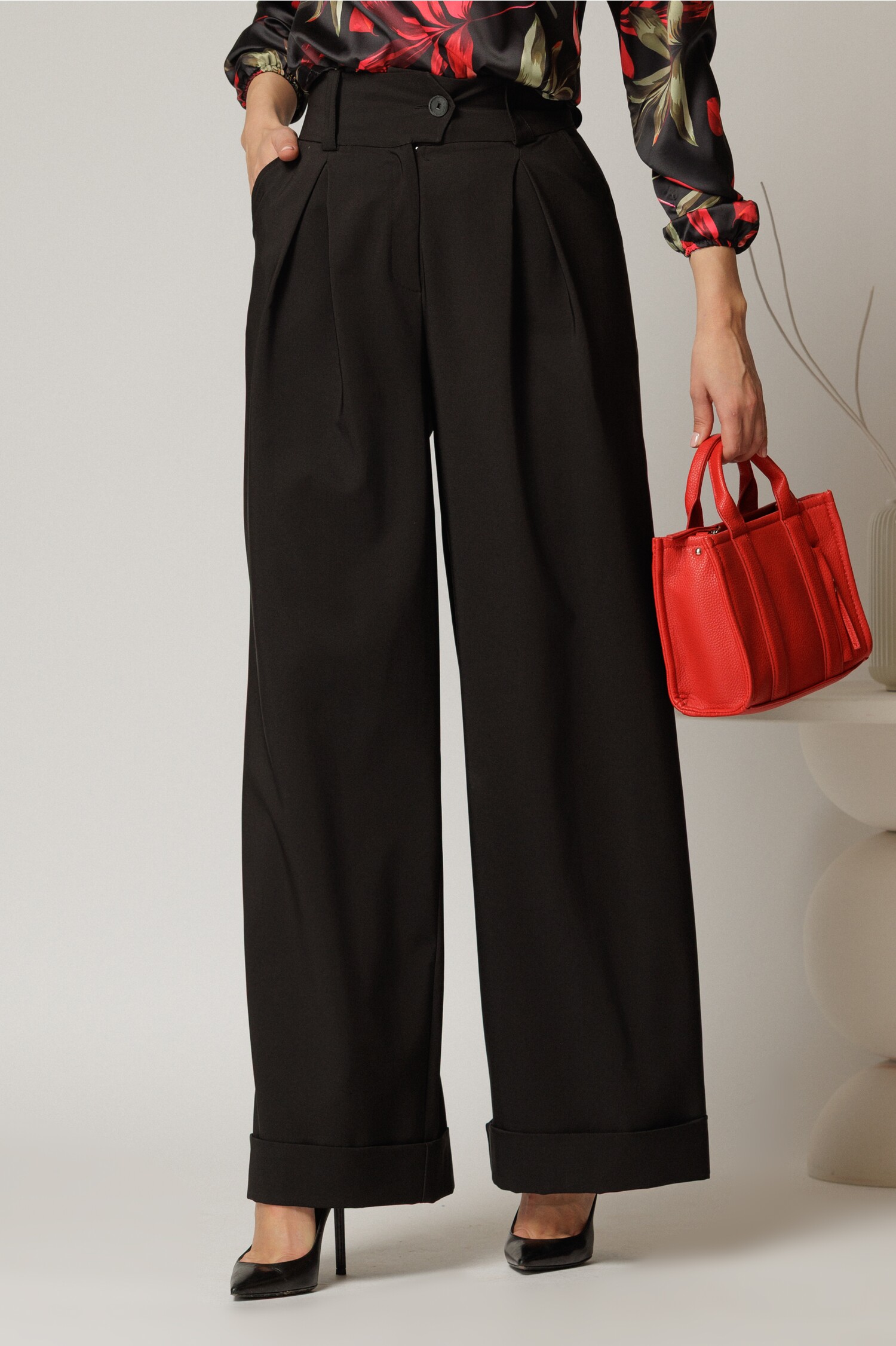 Pantaloni DY Fashion Negri Croi Lejer și Talie Lată
